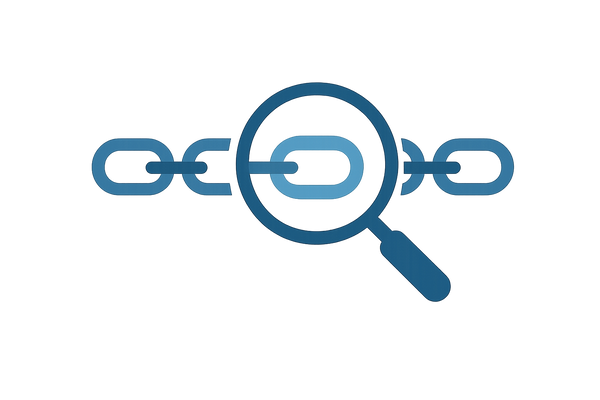 create a traceability icon, nb words, blue tone, that is a magnifying glass looking at a single link in a long chain