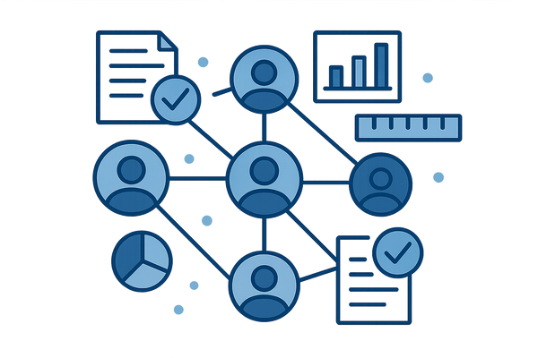 Create an icon that is blue tone and shows visual and measurement quality records being easily distributable across users and teams